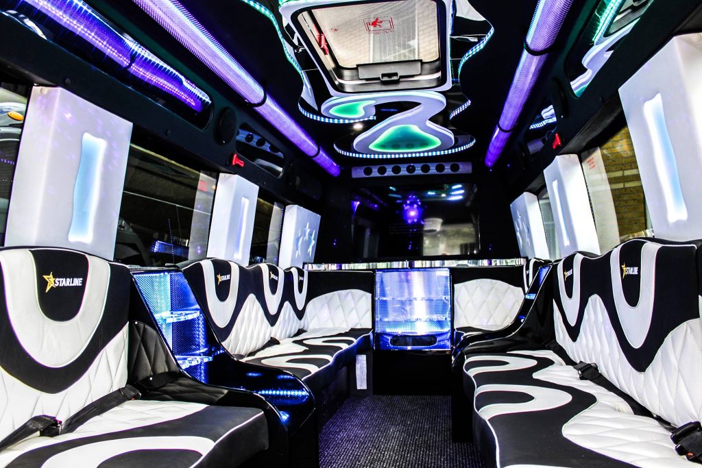 Party bus interior with lighting for a Christmas party night