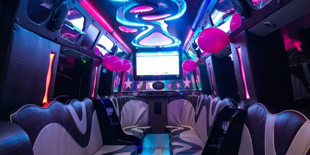 Party bus interior for a large group travelling to a gig