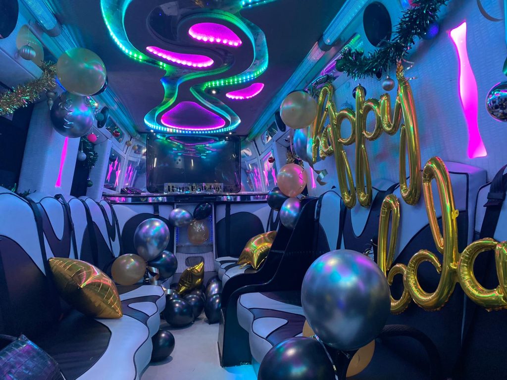 Party bus interior with LED lighting